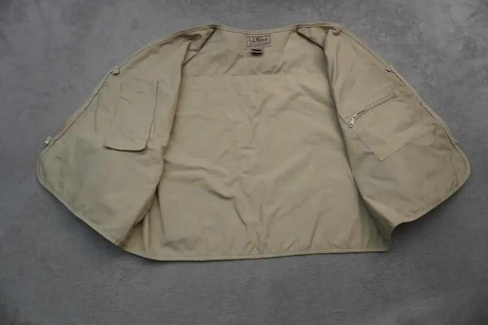 LL Bean Vest Mens XL Beige Canvas Multi Pocket Fishing Travel Outdoor Utility
